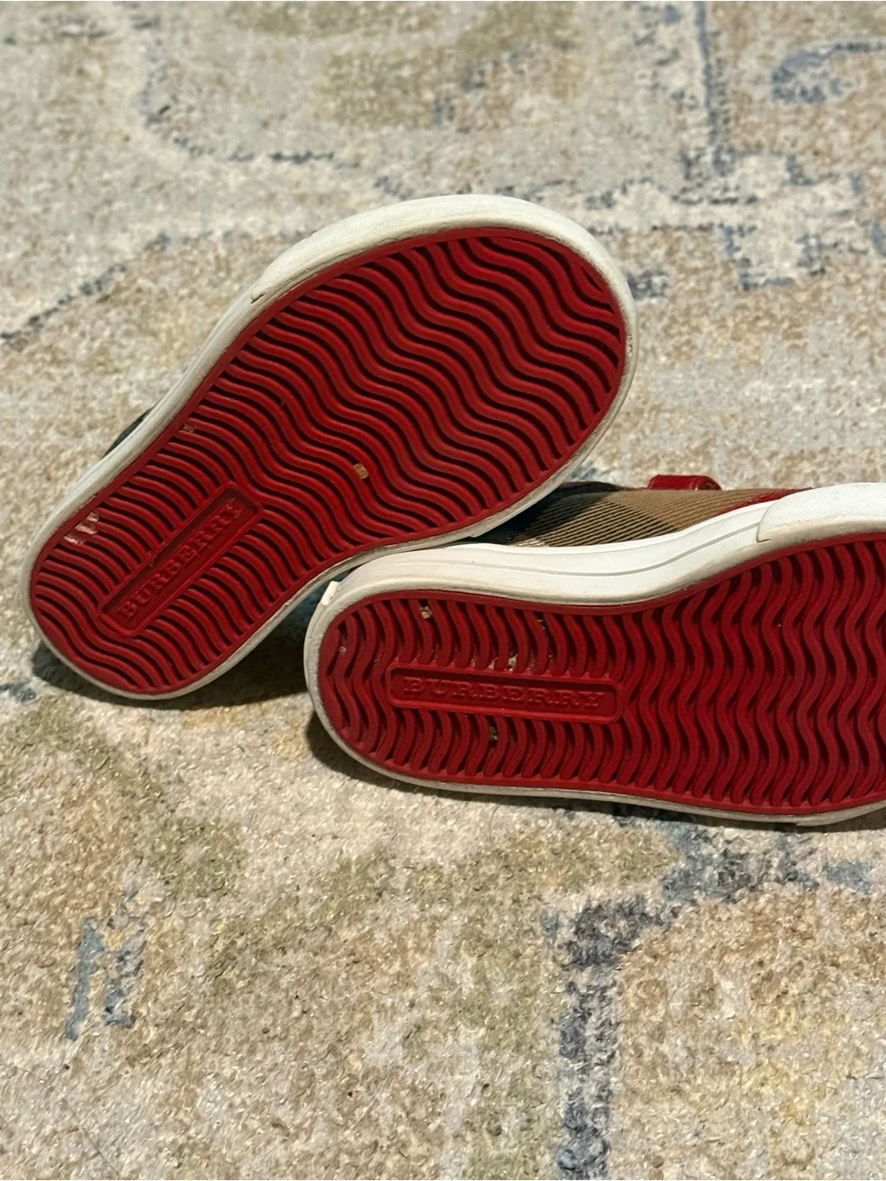 Burberry Red Leather & Tan Canvas Plaid Kids Sneaker with Velcro Straps